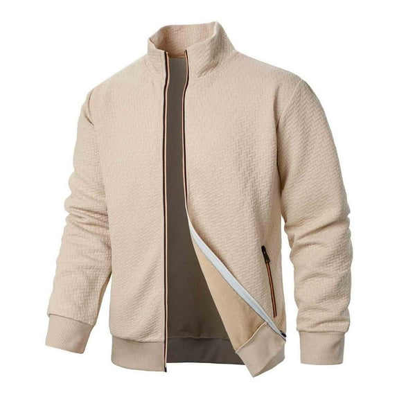 Timoontee Men's Jacket Coat Casual Comfy Long Sleeve Stand Collar Zip Up Jacket Solid Zip Pocket Textured Jacket Fall Trendy Clothes Khaki XXL