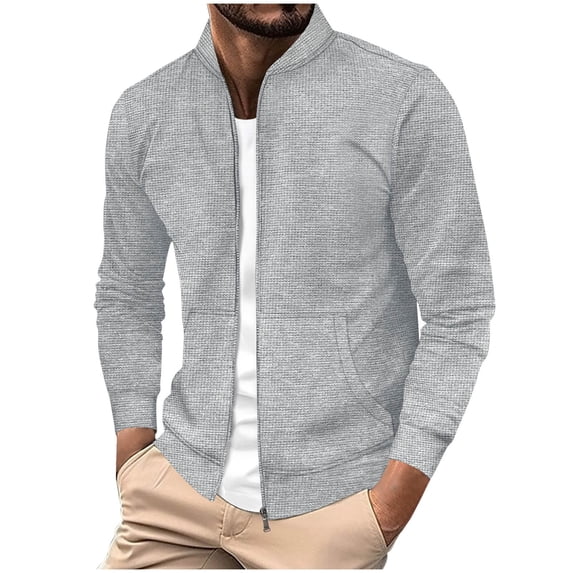 Timoontee Men's Jacket Coat Casual Long Sleeve Stand Collar Jacket Solid Waffle Textured Pocket Zip Up Jacket Fall Trendy Outfits Gray XXL
