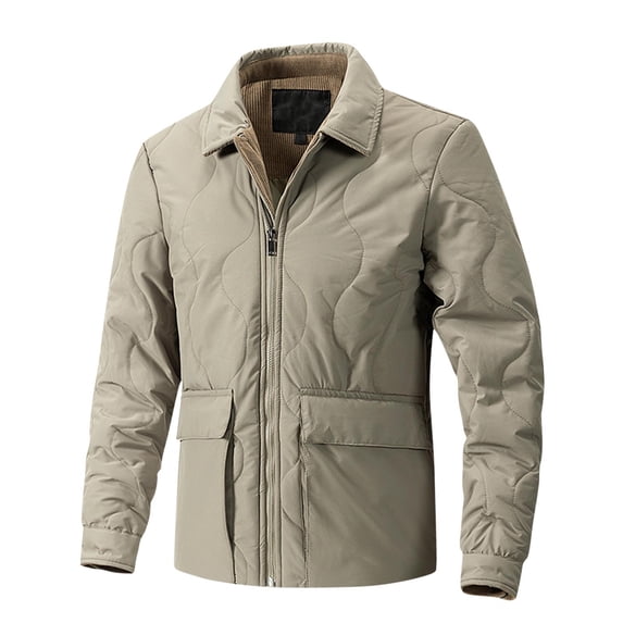 Timoontee Men's Jacket Coat Solid Zip Up Quilted Coat Casual Lapel Jacket Cotton Coat Outdoor Windbreaker Fall Winter Warm Outerwear Coat Khaki L
