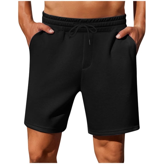Timoontee Men's Knee Length Shorts Regular Fit Elastic Waist Drawstring Casual Shorts Breathable Quick Dry Athletic Pocket Shorts Black L