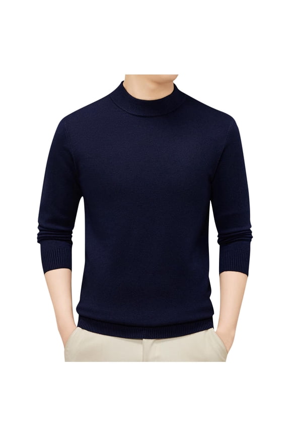 Men's Knit Sweater Casual Comfy Long Sleeve Stand Collar Tops Solid Pullover Sweaters Fall Winter Thickened Thermal Warm Sweaters Navy L