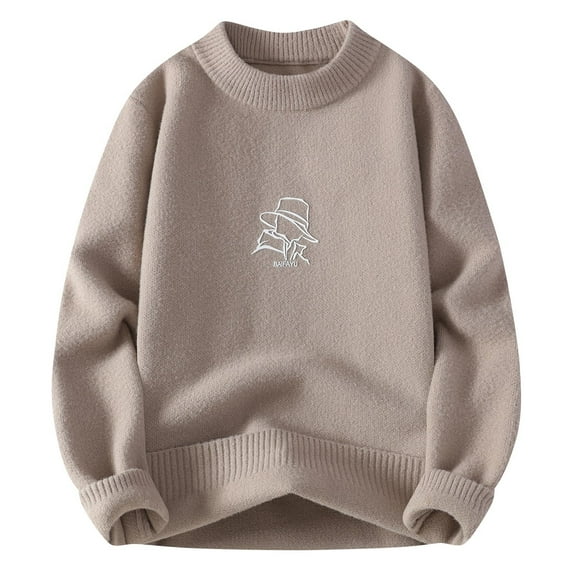 Timoontee Men's Knit Sweater Fleece Lined Sweater Casual Comfy Long Sleeve Crewneck Pullover Sweater Fall Winter Solid Thick Thermal Sweater Khaki XXXXL