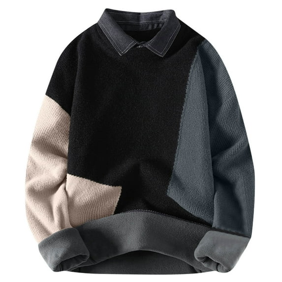 Timoontee Men's Knit Sweater Fleece Lined Sweater Casual Comfy Long Sleeve Lapel Pullover Sweater Fall Winter Color Block Thick Thermal Sweater Blue XXXXL