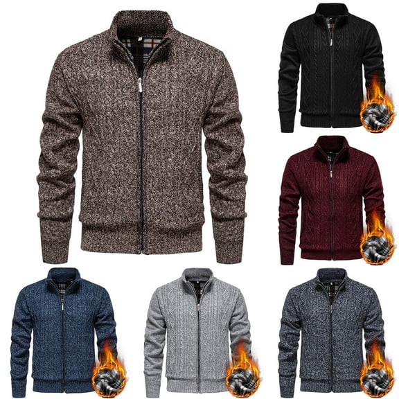 Timoontee Men's Knitted Jacket Coat Fall Winter Fashion Thickened Thermal Warm Outwear Long Sleeve Solid Stand Collar Full Zip Jackets Wine XXL
