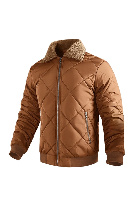 Men's Lapel Jacket Outdoor Casual Coat Fall Winter Thickened Warm Jacket Coat Solid Full Zip Quilted Outerwear Coat with Zip Pocket Khaki L
