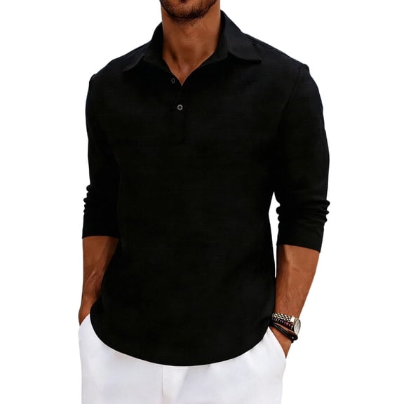 Timoontee Men's Lightweight Casual Shirts Dress Shirts Spring 3/4 Long Sleeve Top Summer Beach Shirts Solid Quarter Button Pullover Tops Black S
