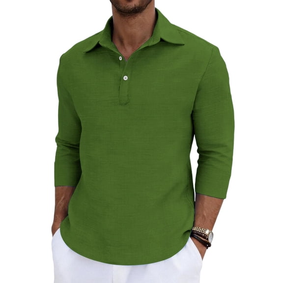 Timoontee Men's Lightweight Casual Shirts Dress Shirts Spring 3/4 Long Sleeve Top Summer Beach Shirts Solid Quarter Button Pullover Tops Green S
