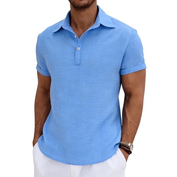 Timoontee Men's Lightweight Casual Shirts Dress Shirts Spring Short Sleeve Top Summer Beach Shirts Solid Quarter Button Pullover Tops Blue S
