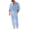 thumbnail image 1 of Timoontee Men's Lightweight Summer 2 Piece Set Loose Fit Casual Tracksuits Long Sleeve Button Mock Neck Shirts with Drawstring Pant Sets for Daily & Beach Vacation Light Blue S, 1 of 9