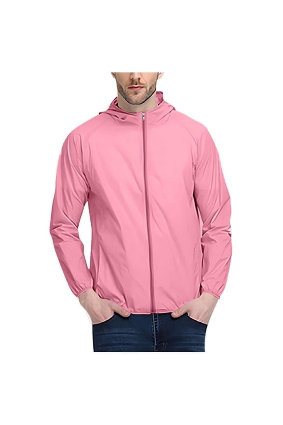 Men's Lightweight Sun Protection Jacket Casual Long Sleeve Zip Up Hoodies Solid Quick Dry Oudoor Hiking Running Workout Jacket Pink XXXXL