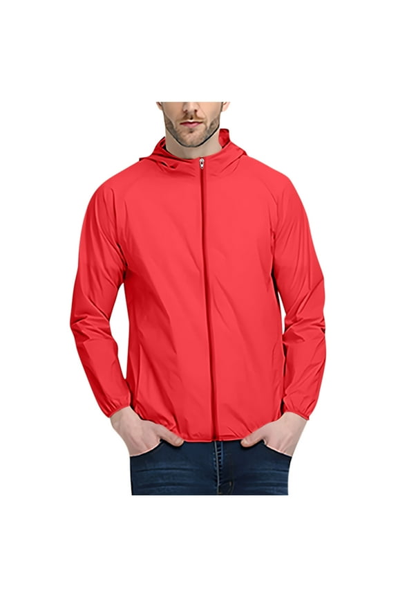 Men's Lightweight Sun Protection Jacket Casual Long Sleeve Zip Up Hoodies Solid Quick Dry Oudoor Hiking Running Workout Jacket Red M