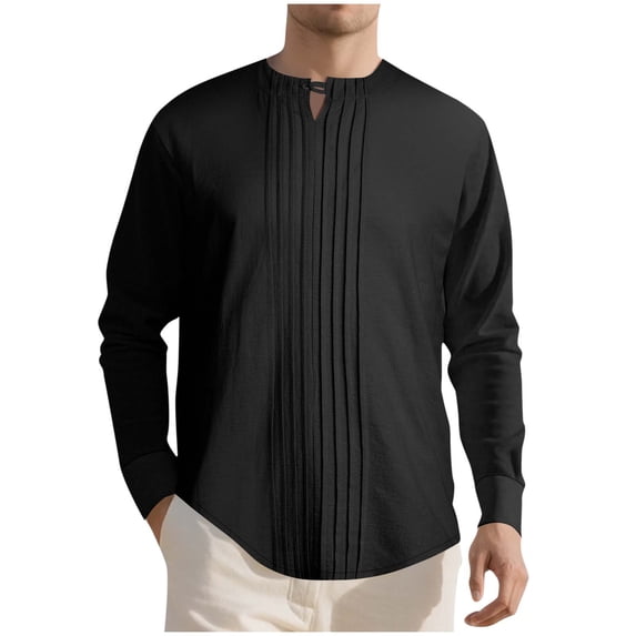 Timoontee Men's Linen Henley Shirts Long Sleeve Pleated Pullover Tops Fall Winter Fashion Casual Blouses Comfy Solid Button Tops Black M