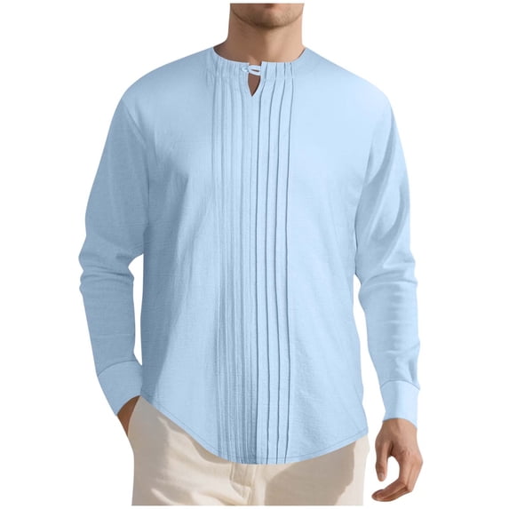 Timoontee Men's Linen Henley Shirts Long Sleeve Pleated Pullover Tops Fall Winter Fashion Casual Blouses Comfy Solid Button Tops Light Blue XXL
