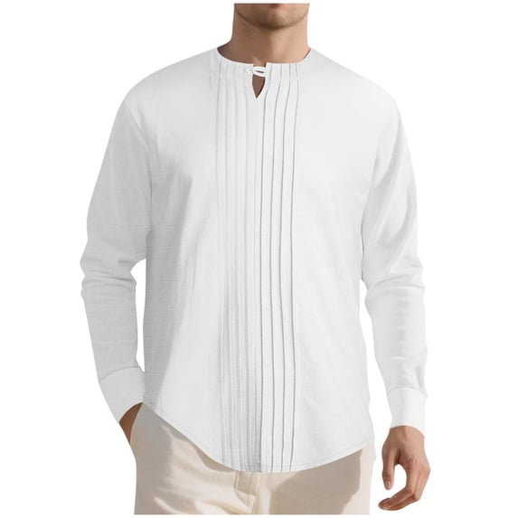 Timoontee Men's Linen Henley Shirts Long Sleeve Pleated Pullover Tops Fall Winter Fashion Casual Blouses Comfy Solid Button Tops White M