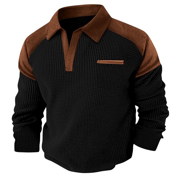 Timoontee Men's Long Sleeve Collared Sweatshirts Hoodless Waffle Pullover Top Casual Patch Sleeves Sweatshirts Color Block Clothes Black S