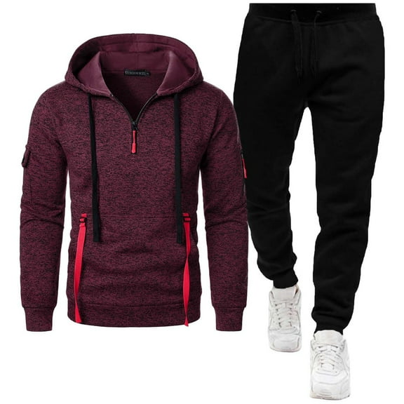 Timoontee Men's Long Sleeve Hoodies Track Suits 2 Piece Set Active Workout Suits Quarter Zip Pullover Sweatshirts Drawstring Joggers Solid Casual Clothes Wine S