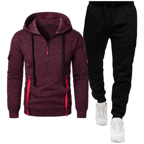 Timoontee Men's Long Sleeve Hoodies Track Suits 2 Piece Set Active Workout Suits Quarter Zip Pullover Sweatshirts Drawstring Joggers Solid Casual Clothes Wine XXL