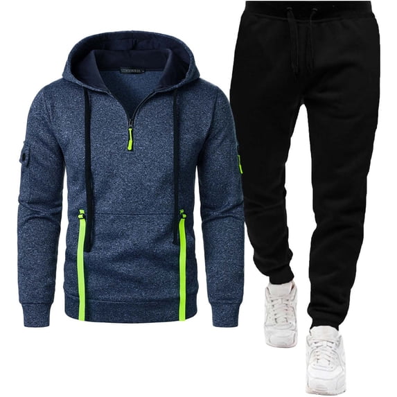 Timoontee Men's Long Sleeve Hoodies Track Suits 2 Piece Set Active Workout Suits Quarter Zip Pullover Sweatshirts Drawstring Joggers Solid Casual Clothes Navy XXL