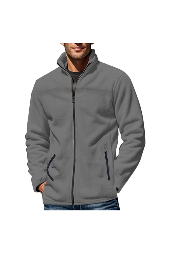 Men's Long Sleeve Jacket Casual Comfy Stand Collar Zip Up Jacket Coat Lightweight Solid Pocket Fleece Jacket Fall Clothes Gray XL