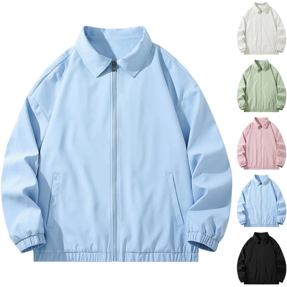 Timoontee Men's Long Sleeve Lapel Jacket Solid Full Zip Jacket Daily Casual Jacket Fall Fashion Jacket Coat Lightweight Outdoor Workout Jacket Light Blue L