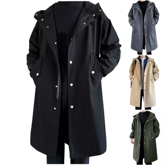Timoontee Men's Long Trench Coat Casual Comfy Long Sleeve Hooded Jacket Coat Solid Button Zip Up Coat Fall Winter Windproof Overcoat Black XXL