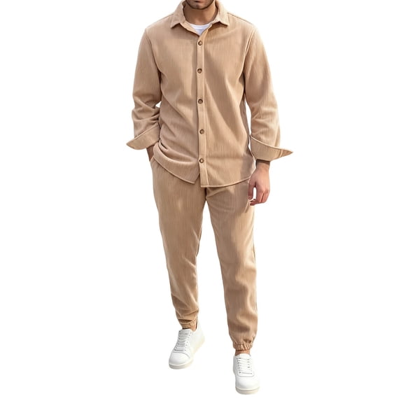 Timoontee Men's Loose 2 Piece Tracksuit Long Sleeve Lapel Button Down Shirts and Drawstring Pants Spring Fall Fleece Sets Daily Casual Wear Khaki XXL