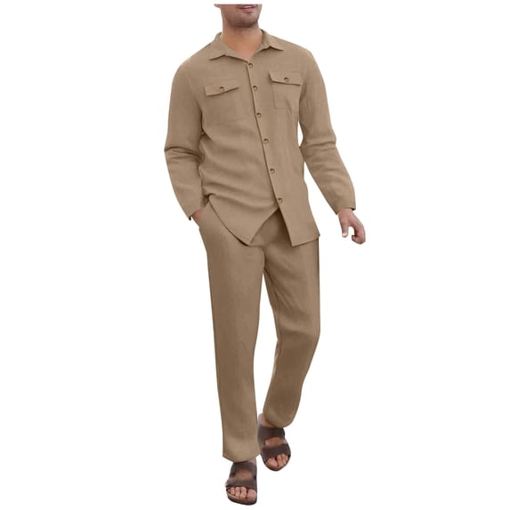 Timoontee Men's Loose Casual Tracksuit 2 Piece Set Long Sleeve Lapel Button Down Shirts and Drawstring Pants Spring Fall Daily Fashion Outfits Khaki S