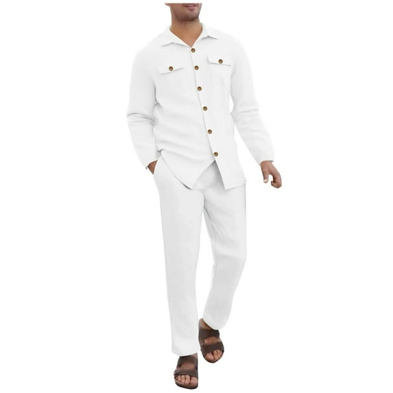 Timoontee Men's Loose Casual Tracksuit 2 Piece Set Long Sleeve Lapel Button Down Shirts and Drawstring Pants Spring Fall Daily Fashion Outfits White XL