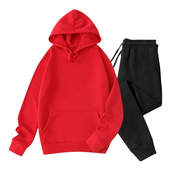 Timoontee Men's Loose Fit Solid Sweatsuits 2 Piece Set Long Sleeve Hoodies Casual Pullover Sweatshirts with Drawstring Sweatpants Fall Winter Fleece Lined Warm Outfit Red XL