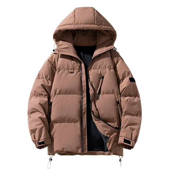 Timoontee Men's Loose Padded Coats Thickened Warm Hooded Coats Casual Comfy Hoodies Solid Zip Up Quilted Outerwear Coat Winter Trendy Coats Coffee L