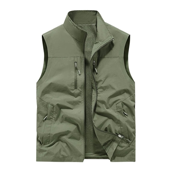 Timoontee Men's Loose Tank Tops Lightweight Work Vest Fall Casual Waistcoat Outdoor Hiking Workout Quick Dry Vest Sleeveless Zip Up Jacket Vest with Zip Pockets Army Green XXL