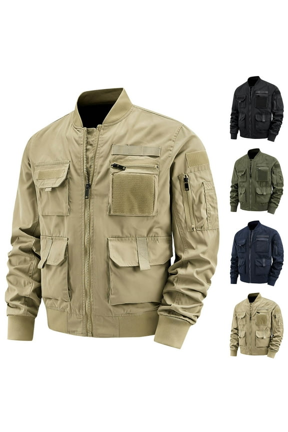 Men's Military Jacket Outdoor Tactial Hiking Windproof Jacket Casual Long Sleeve Stand Collar Workwear Jacket Solid Full Zip Jacket with Multi Pockets Khaki XXXL