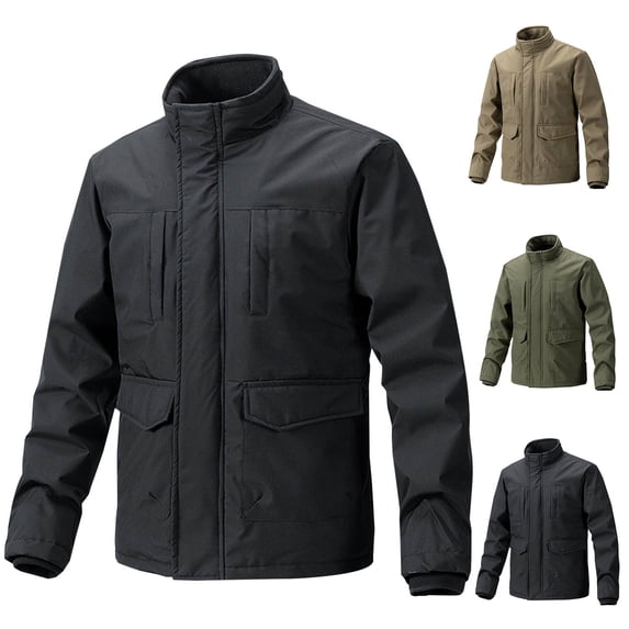 Timoontee Men's Military Jacket Outdoor Waterproof Jacket Daily Casual Jacket Long Sleeve Stand Collar Jacket Solid Zipper Jacket Coat with Zip Pockets Black L