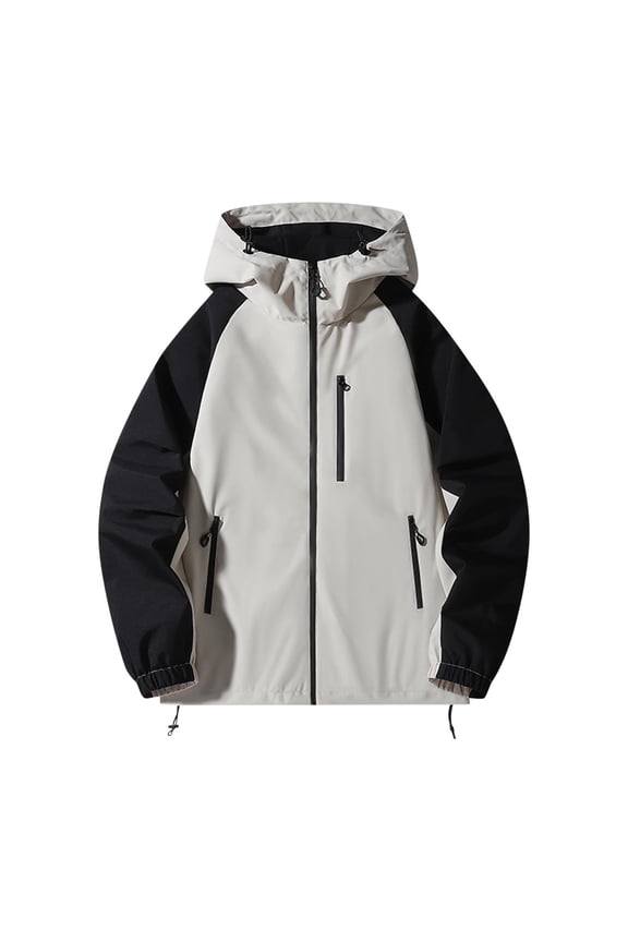 Men's Oversize Jacket Casual Comfy Hoodie Jacket Windproof Fall Winter Warm Jacket Coat Color Block Zip Up Outerwear with Zip Pocket Khaki XL