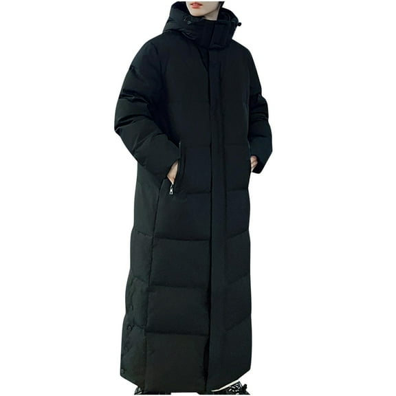 Timoontee Men's Oversize Long Coats Winter Trendy Thickened Warm Jacket Coat Casual Comfy Hooded Parka Jacket Solid Full Zip Quilted Coats with Zip Pocket Black XXXL
