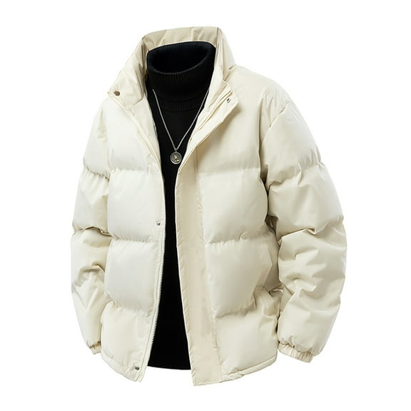 Timoontee Men's Padded Clothes Fall Winter Warm Jacket Coat Casual Stand Collar Coats Outdoor Hiking Athletic Coat Solid Zipper Quilted Outerwear Coat Beige L