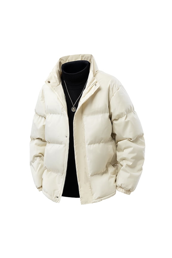Men's Padded Clothes Fall Winter Warm Jacket Coat Casual Stand Collar Coats Outdoor Hiking Athletic Coat Solid Zipper Quilted Outerwear Coat Beige L