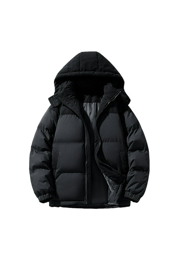 Men's Padded Clothes Full Zip Quilted Hooded Coat Thickened Warm Jacket Casual Comfy Color Block Outerwear Coat Winter Trendy Coats Black L