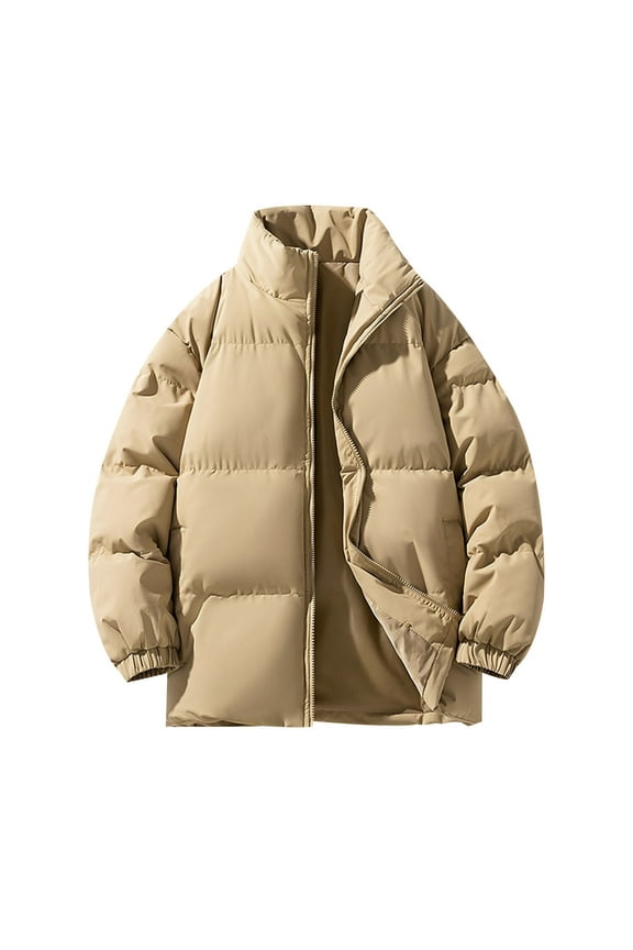 Men's Padded Coat Warm Thickened Coat Casual Comfy Stand Collar Coat Waterproof Winter Puffer Coat Zip Up Quilted Outerwear Cold Weather Coat Khaki XL