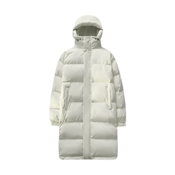 Timoontee Men's Padded Coat Warm Thickened Puffer Coats Casual Comfy Long Parka Oversize Jacket Coat Zip Up Quilted Outerwear Winter Overcoat White L