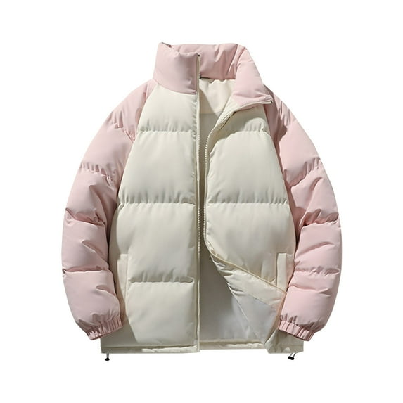 Timoontee Men's Padded Coats Fall Winter Fashion Warm Jacket Coat Casual Comfy Stand Collar Jacket Color Block Zip Up Quilted Outerwear Coats Pink XXL