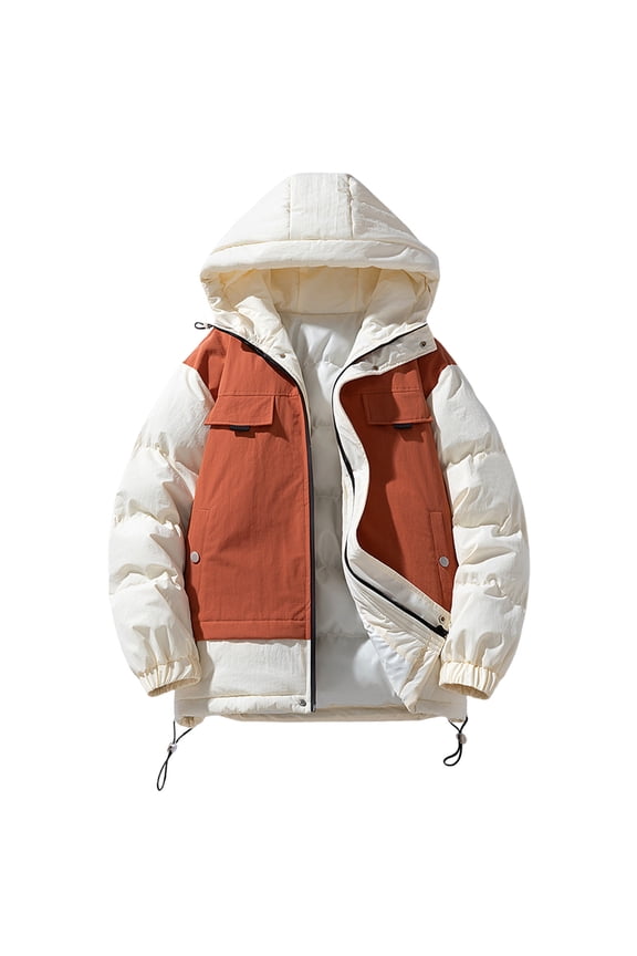 Men's Padded Hoodies Casual Comfy Hooded Coats Thickened Warm Coats Color Block Full Zip Quilted Outerwear Coat Winter Coats Orange XXXXL