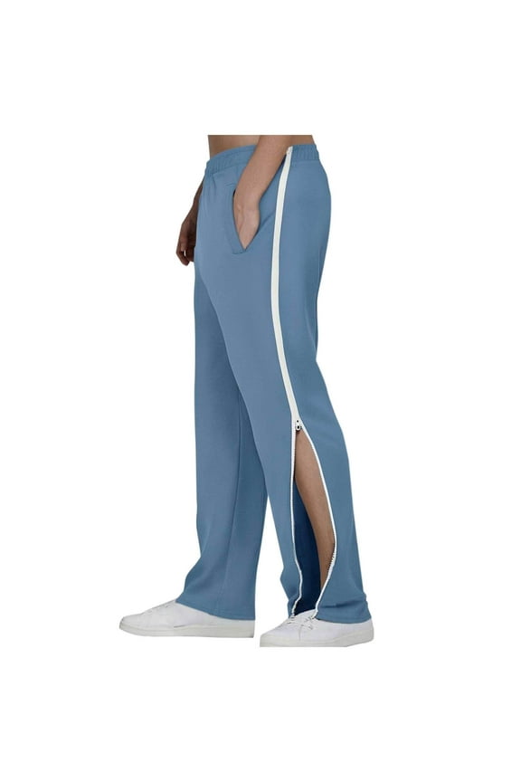 Men's Pants 2 Side Zippers Snap Off Full Open Down Sweatpants Loose Fit Elastic Waist Solid Pocket Pants Leg Post Surgery Trousers Blue L