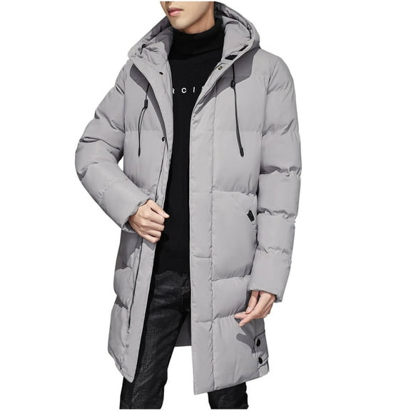 Timoontee Men's Puffer Coat Casual Comfy Long Parka Warm Thickened Hooded Coats Solid Padded Jacket Coat Zip Up Quilted Outerwear Winter Fashion Coats Gray L