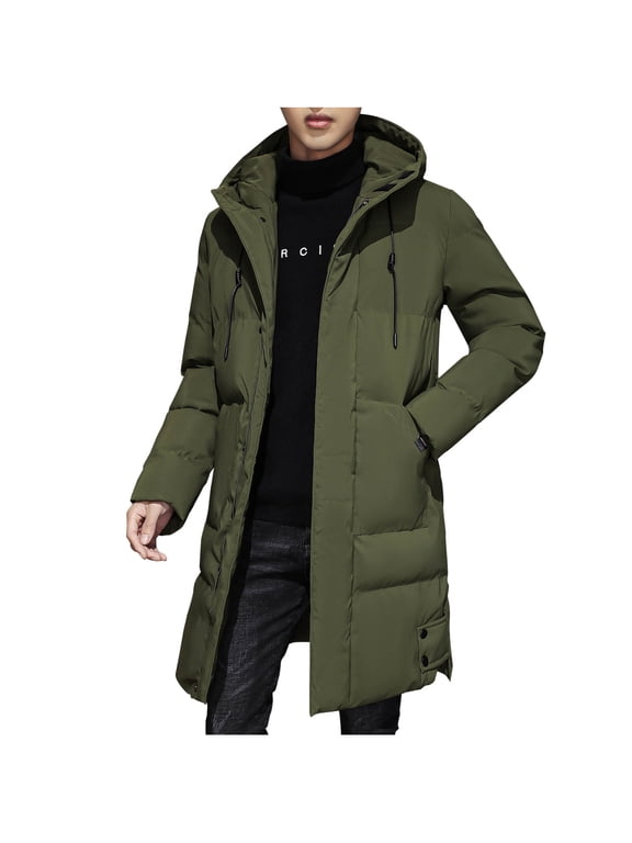 Men's Puffer Coat Casual Comfy Long Parka Warm Thickened Hooded Coats Solid Padded Jacket Coat Zip Up Quilted Outerwear Winter Fashion Coats Green M