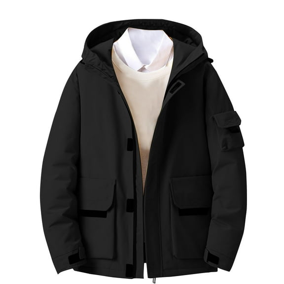 Timoontee Men's Puffer Coat Fall Casual Long Sleeve Hoodie Jacket Warm Thickened Padded Coat Solid Full Zip Outerwear Winter Fashion Clothes Black XL