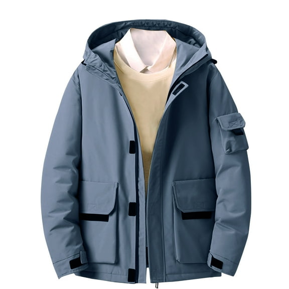 Timoontee Men's Puffer Coat Fall Casual Long Sleeve Hoodie Jacket Warm Thickened Padded Coat Solid Full Zip Outerwear Winter Fashion Clothes Blue M