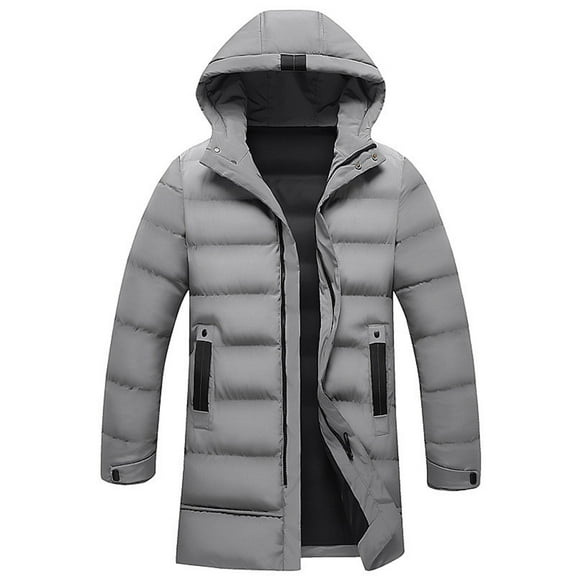 Timoontee Men's Puffer Coat Warm Thickened Winter Coats Casual Comfy Long Parka Solid Long Sleeve Padded Coat Cold Weather Coat Zip Up Quilted Outerwear Gray M