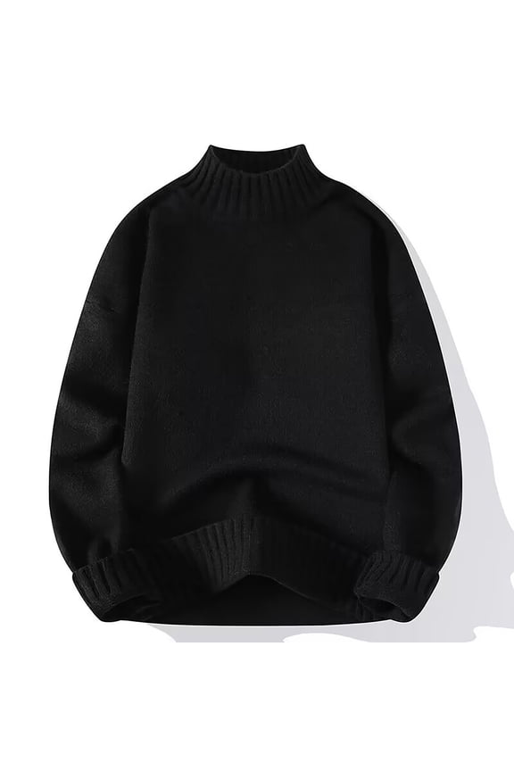 Men's Pullover Sweater Casual Comfy Stand Collar Sweaters Loose Long Sleeve Sweaters Solid Knit Tops Fall Winter Warm Sweaters Black L