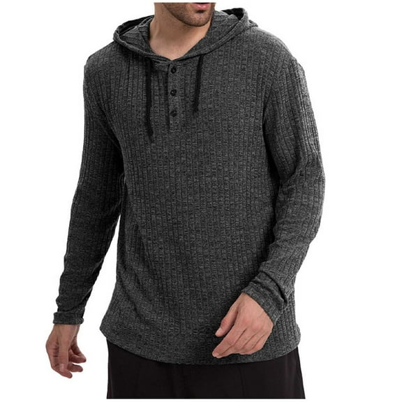 Timoontee Men's Quarter Button Hooded Sweatshirts Relaxed Fit Long Sleeve Textured Sweatshirts Lightweight Solid Workout Pullover Hoodies Dark Gray L
